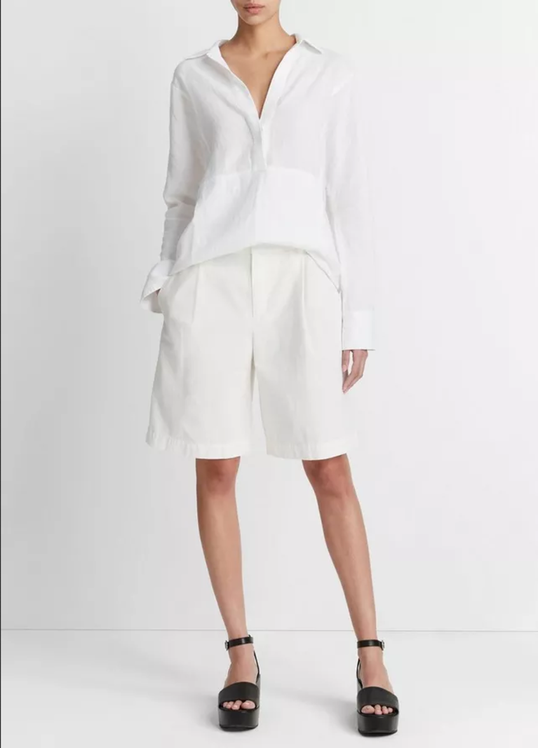 VINCE Linen Kangaroo-Pocket Pullover Shirt - Optic White