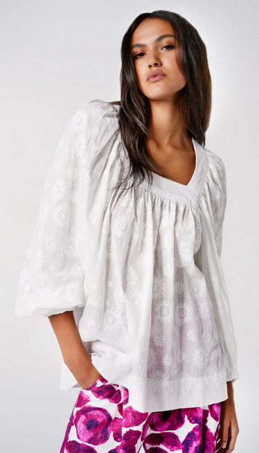 SMYTHE Cropped Square Neck Blouse - White Embroidery