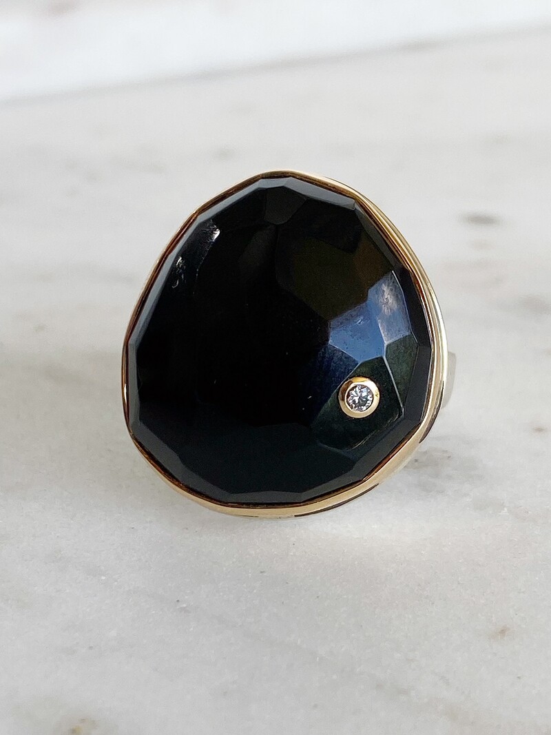 JAMIE JOSEPH Faceted Black Onyx with Inset Diamond Ring