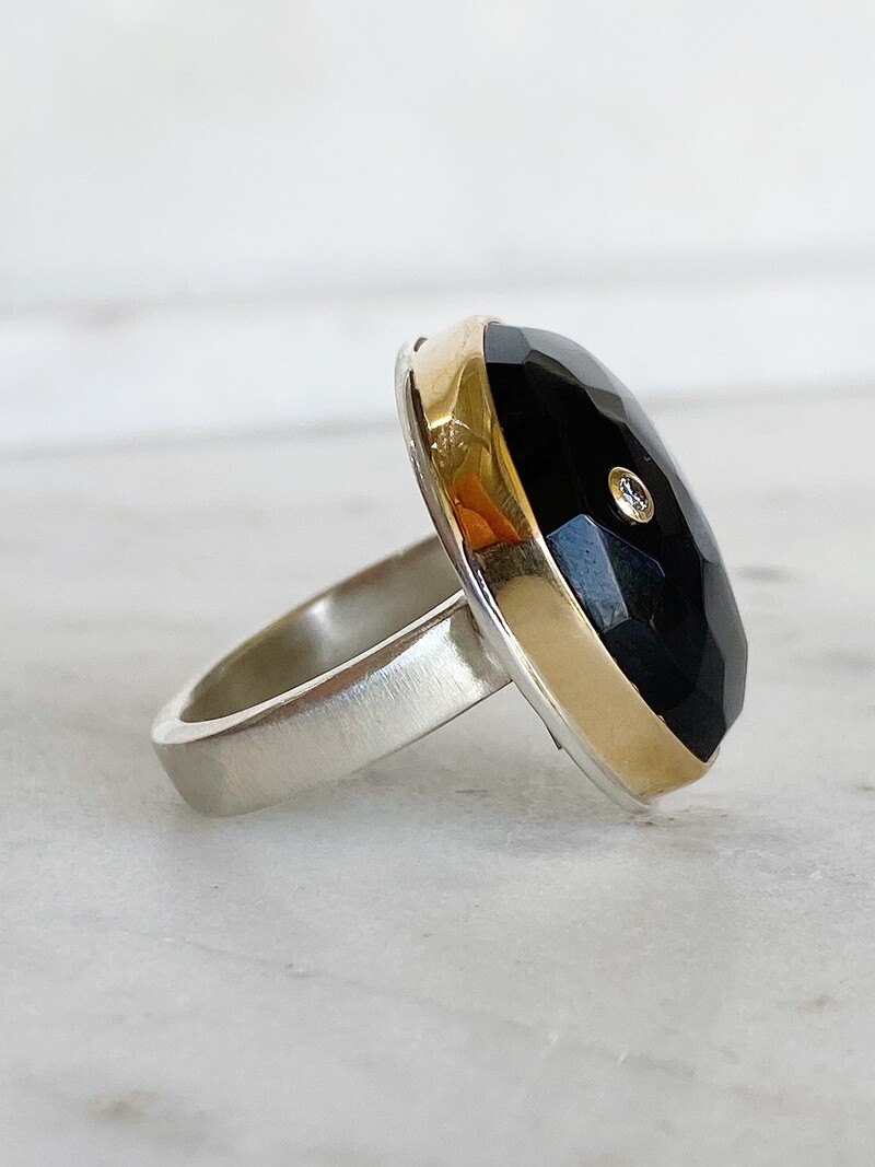 JAMIE JOSEPH Faceted Black Onyx with Inset Diamond Ring