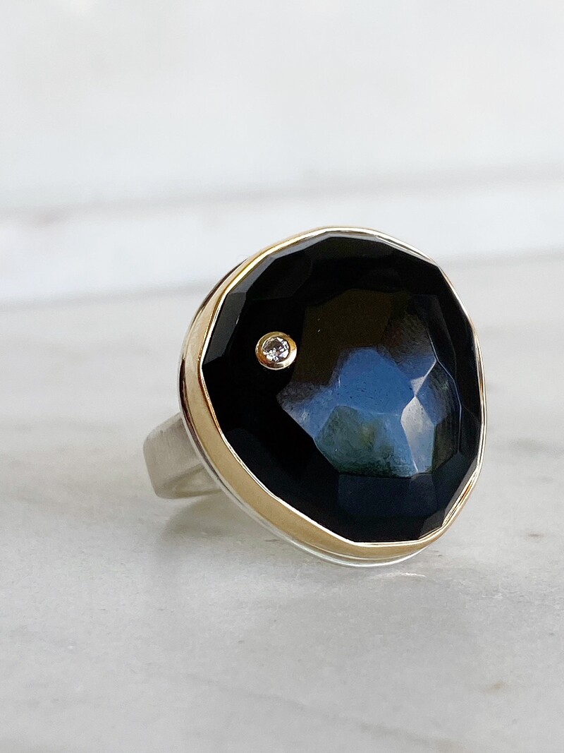 JAMIE JOSEPH Faceted Black Onyx with Inset Diamond Ring