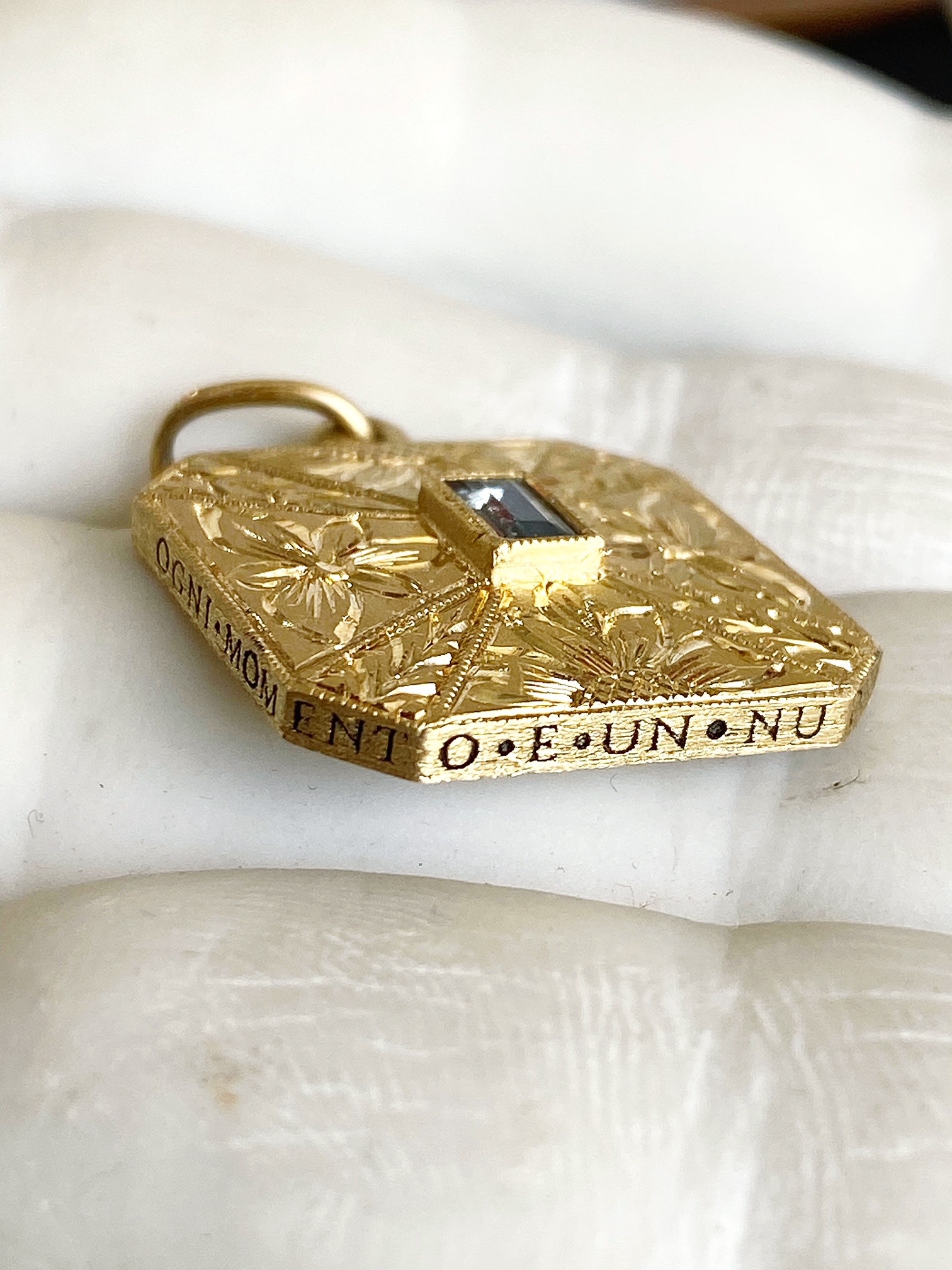 ERICA MOLINARI 18K Hand Engraved Square Burmese Black Spinel Charm