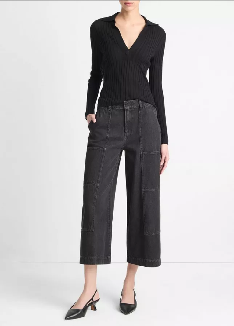 VINCE Mid-Rise Utility Wide Leg Crop Pant - Black Denim