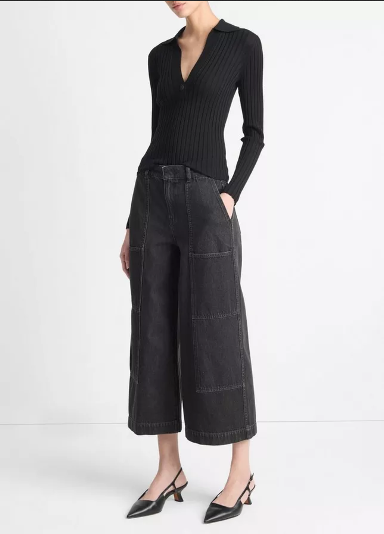 VINCE Mid-Rise Utility Wide Leg Crop Pant - Black Denim