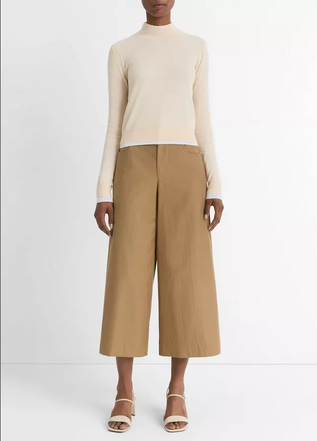 VINCE Italian Cotton Double Layer Mock Neck - Sand & Optic White