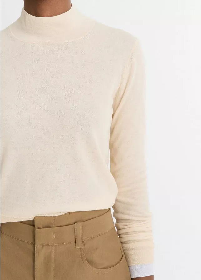 VINCE Italian Cotton Double Layer Mock Neck - Sand & Optic White