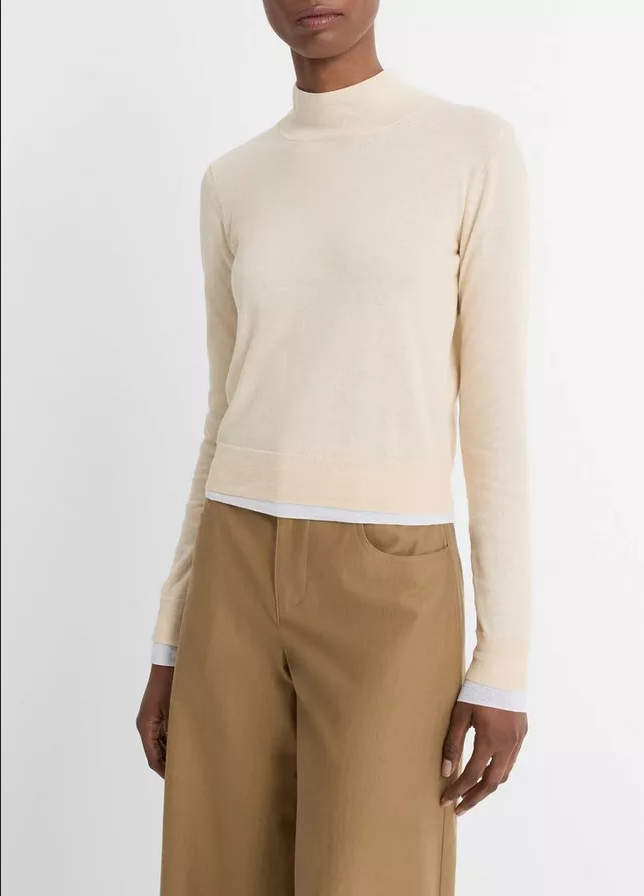VINCE Italian Cotton Double Layer Mock Neck - Sand & Optic White