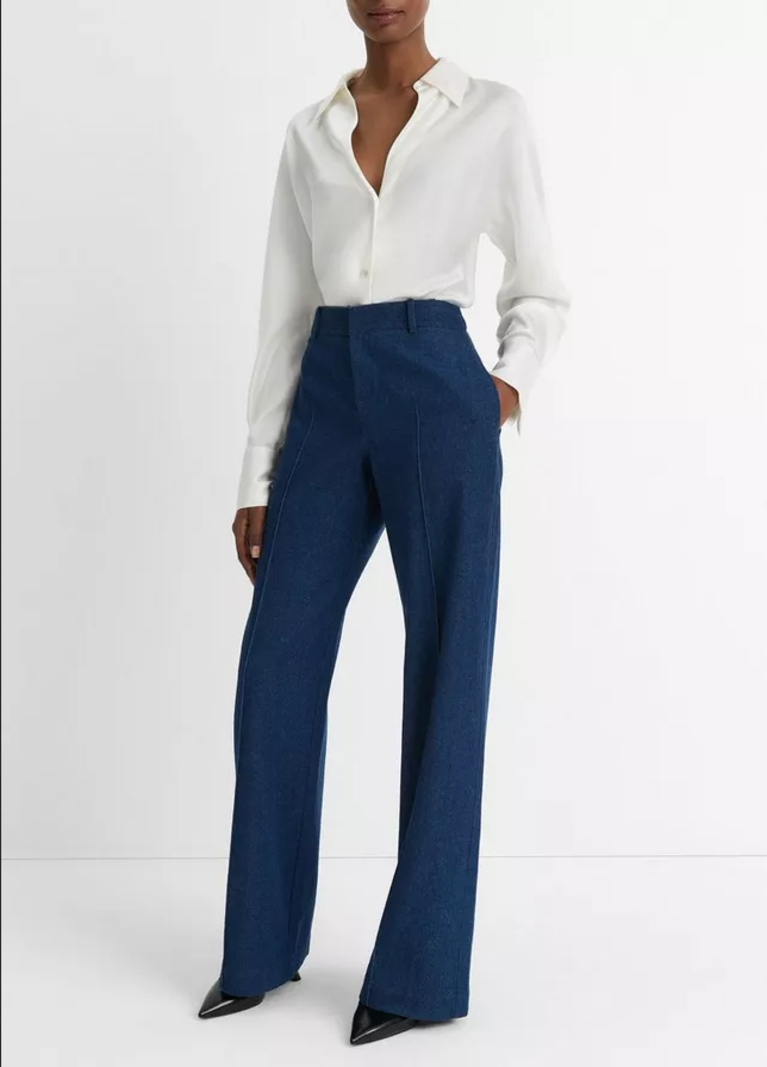 VINCE Italian Cotton Mid Rise Pintuck Trouser - Indigo