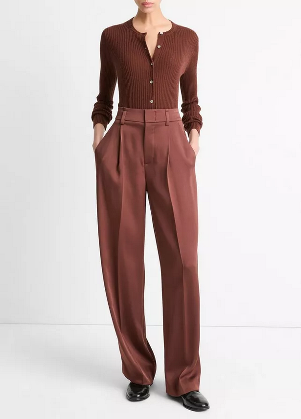 VINCE High Waist Fluid Satin Wide Leg Trouser - Dark Rosewood