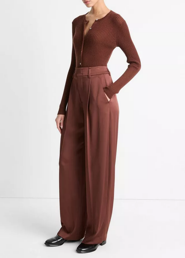 VINCE High Waist Fluid Satin Wide Leg Trouser - Dark Rosewood