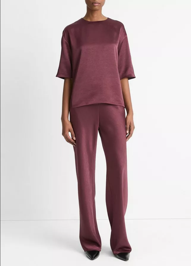 VINCE Fluid Satin T-Shirt Blouse - Black Rose