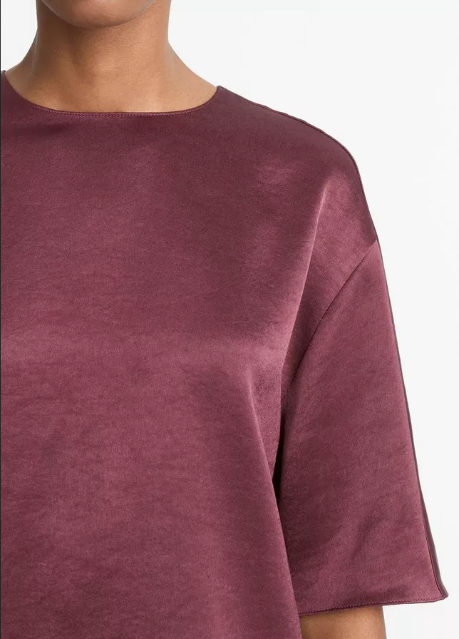 VINCE Fluid Satin T-Shirt Blouse - Black Rose