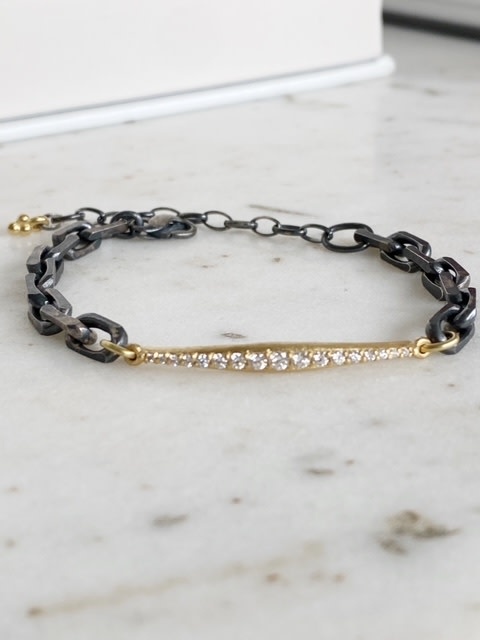 ERICA MOLINARI 18K Graduated Diamond Bar on Oxidized Bracelet .37ct