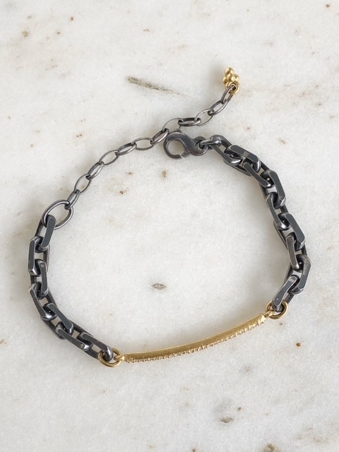 ERICA MOLINARI 18K Slim Diamond Bar on Oxidizied Bracelet .15ct