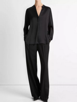 VINCE Silk Satin Band Collar Blouse - Black