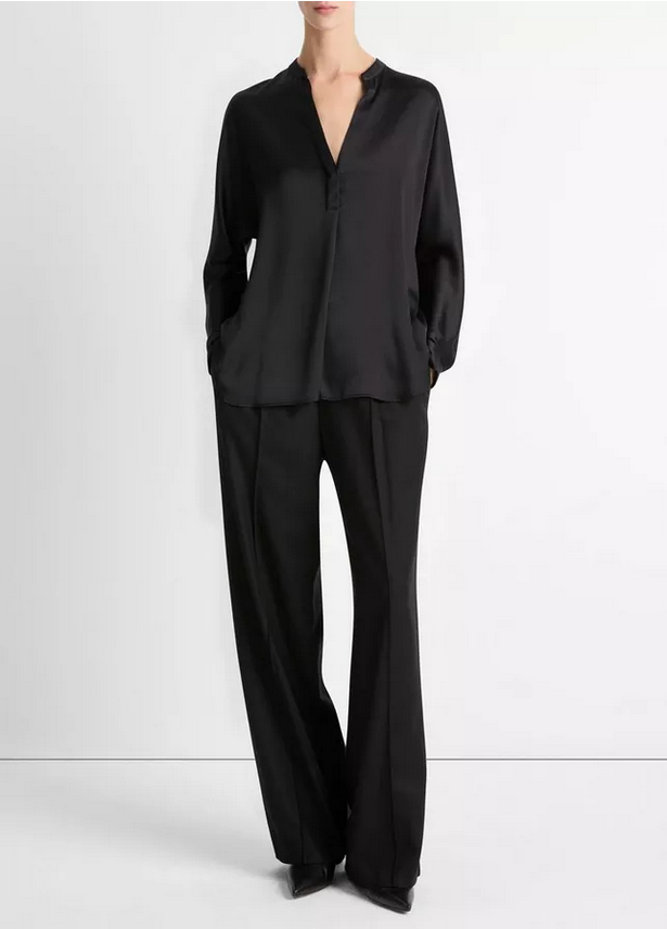 VINCE Silk Satin Band Collar Blouse - Black
