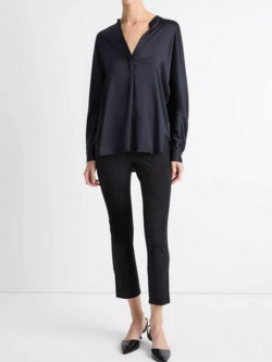 VINCE Silk Satin Band Collar Blouse - Coastal Blue