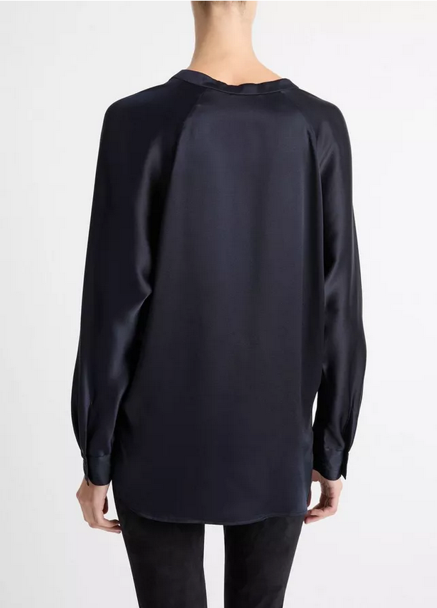 VINCE Silk Satin Band Collar Blouse - Coastal Blue