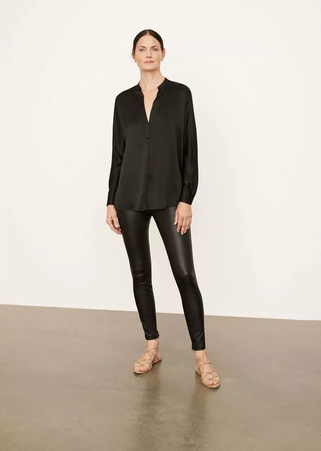 VINCE Silk Satin Band Collar Blouse - Black