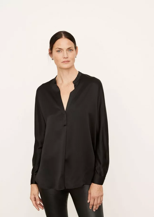 VINCE Silk Satin Band Collar Blouse - Black