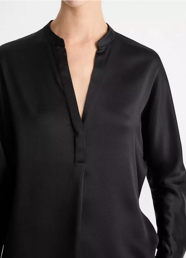 VINCE Silk Satin Band Collar Blouse - Black