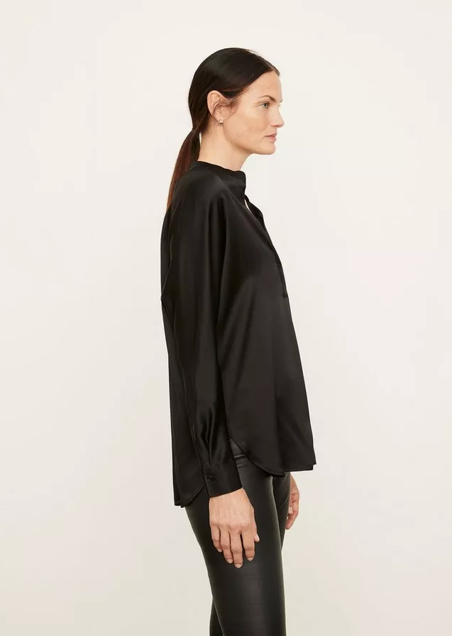 VINCE Silk Satin Band Collar Blouse - Black