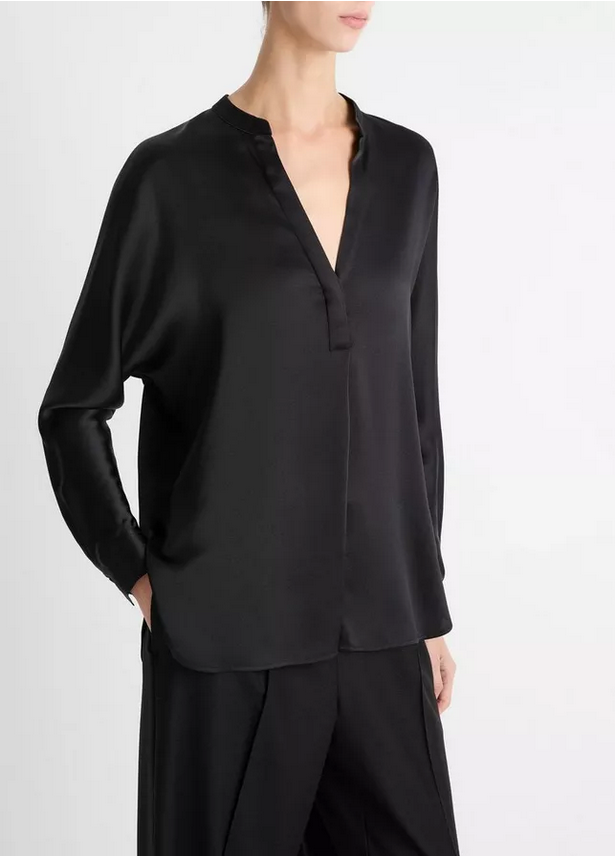 VINCE Silk Satin Band Collar Blouse - Black