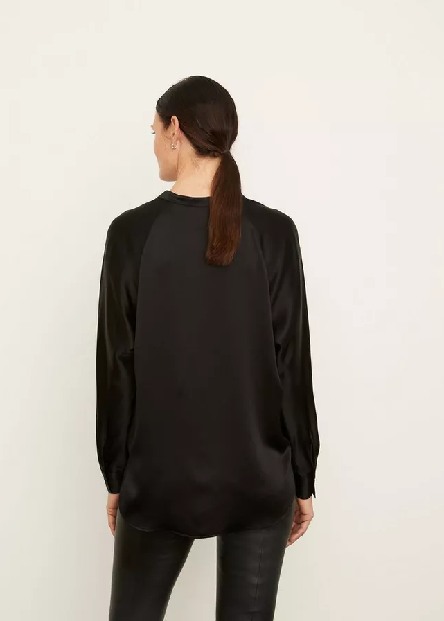 VINCE Silk Satin Band Collar Blouse - Black