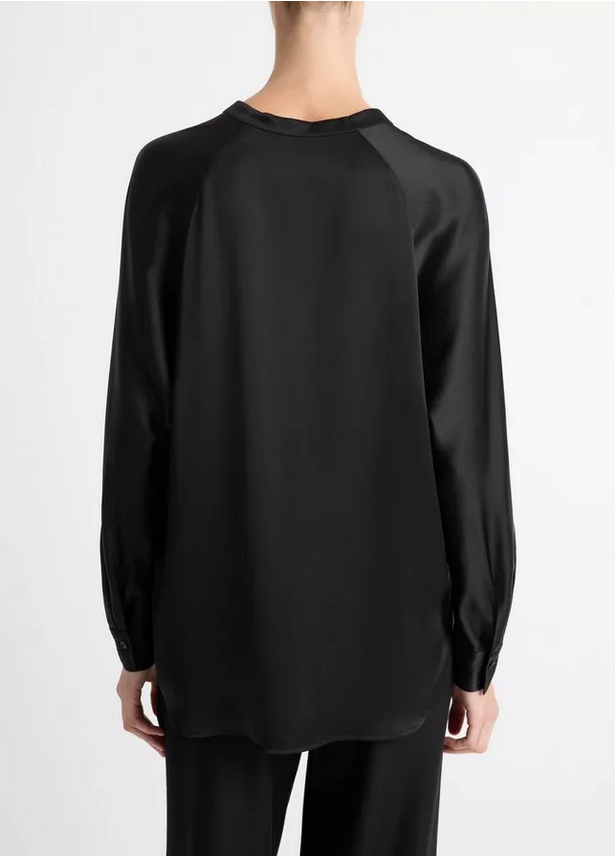 VINCE Silk Satin Band Collar Blouse - Black