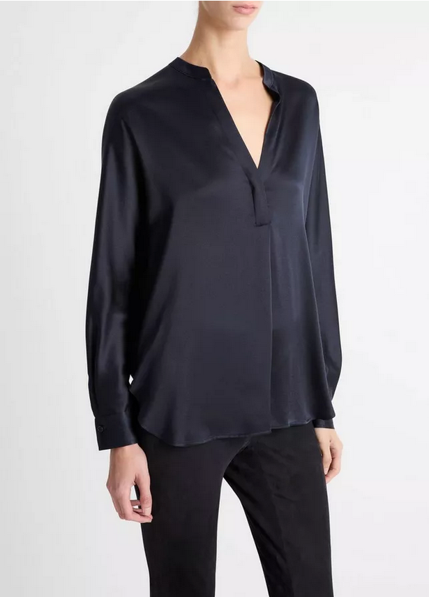 VINCE Silk Satin Band Collar Blouse - Coastal Blue