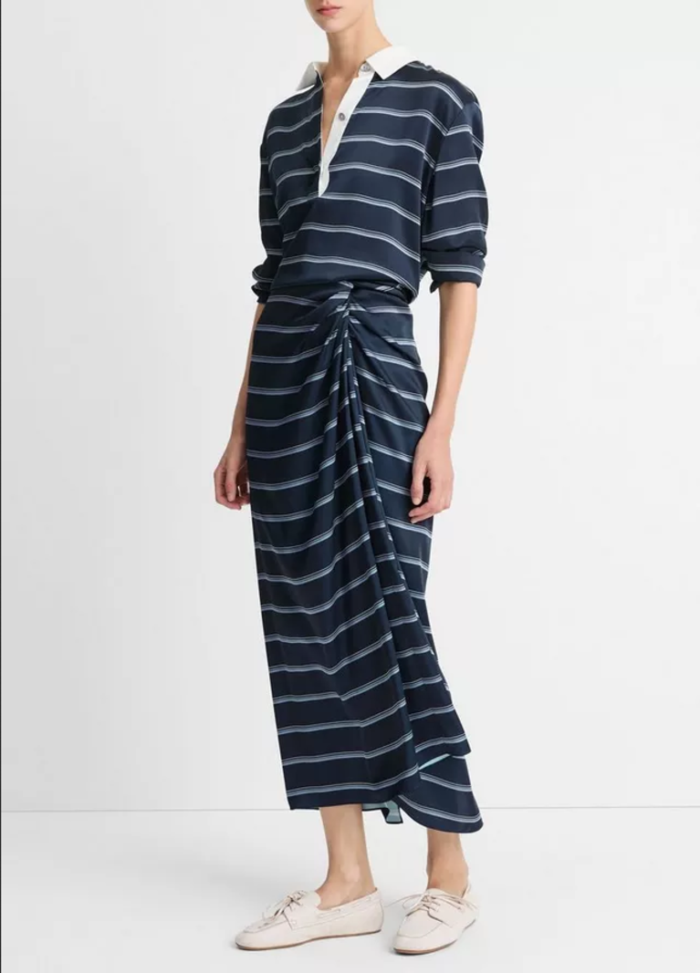 VINCE Rugby Stripe Satin Gathered Skirt -