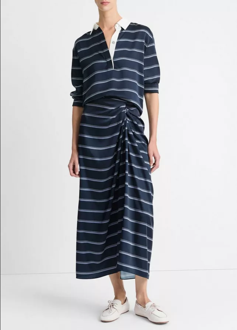 VINCE Rugby Stripe Satin Gathered Skirt -