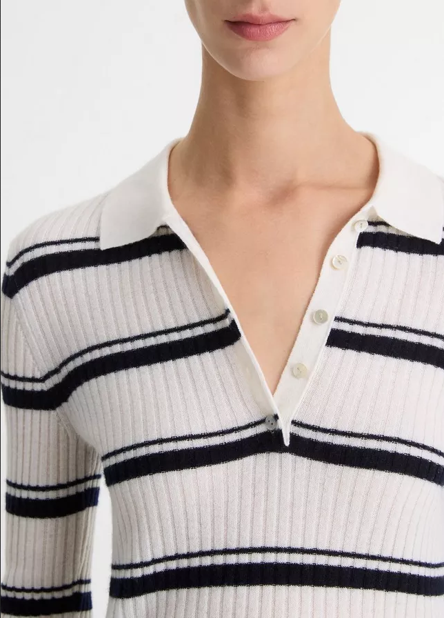 VINCE Striped Cashmere-Blend Polo Sweater -
