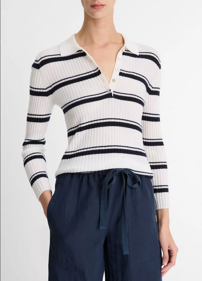 VINCE Striped Cashmere-Blend Polo Sweater -