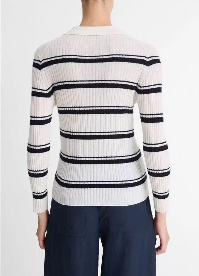 VINCE Striped Cashmere-Blend Polo Sweater -
