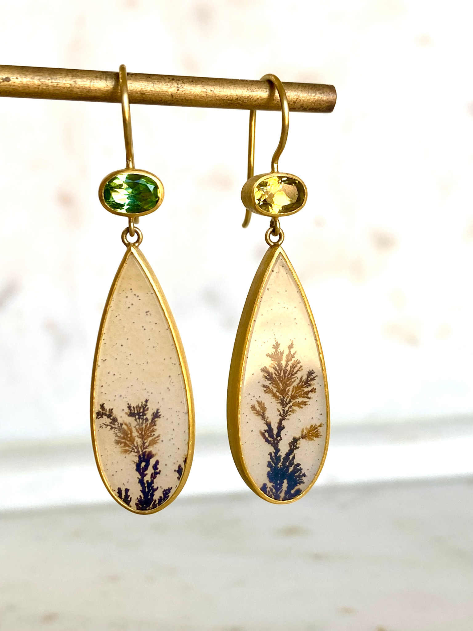 MALLARY MARKS Bon Bon - Yellow Green Tourmaline with Mismatched Dendritic Agate Earrings