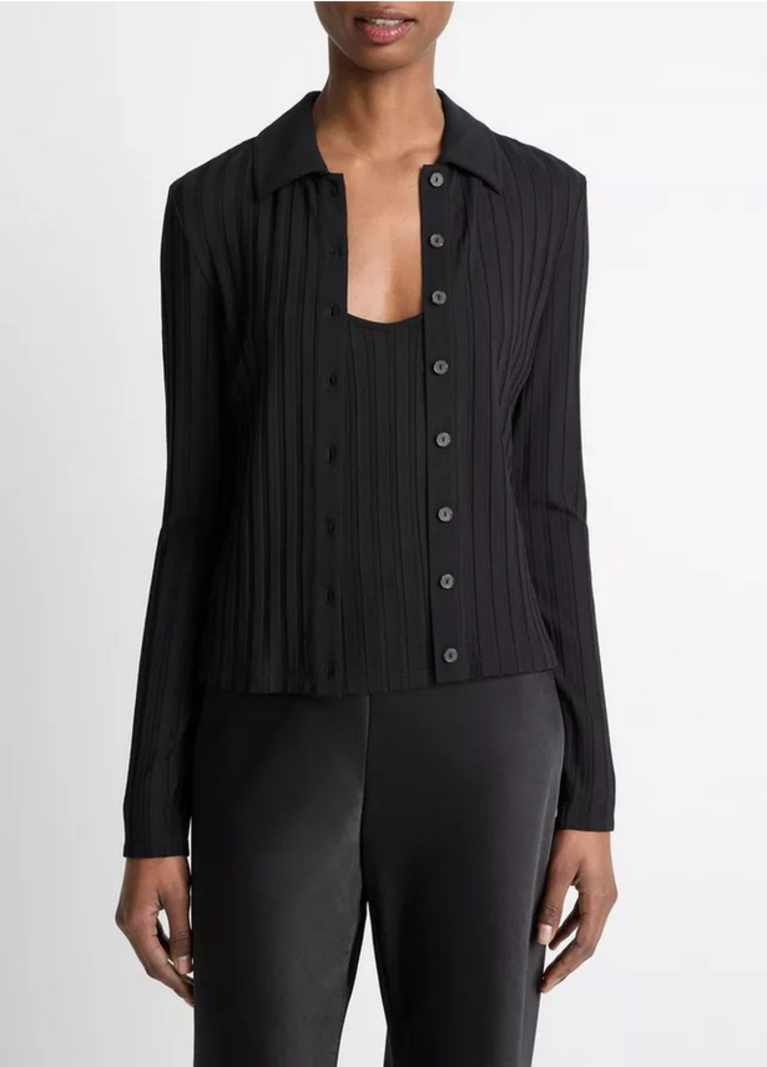 VINCE Ribbed Collared Button Up - Black