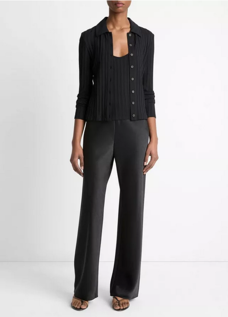 VINCE Ribbed Collared Button Up - Black