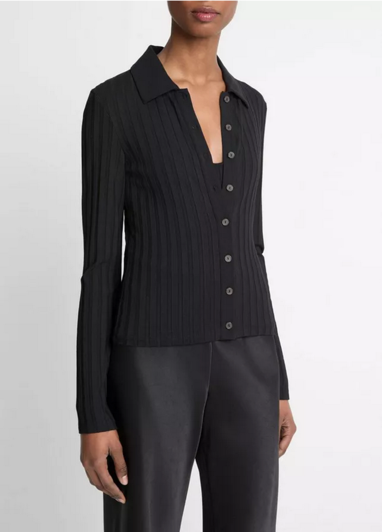 VINCE Ribbed Collared Button Up - Black