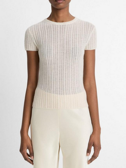 VINCE Waffle-Knit Cashmere-Silk Short-Sleeve Sweater - White Sand