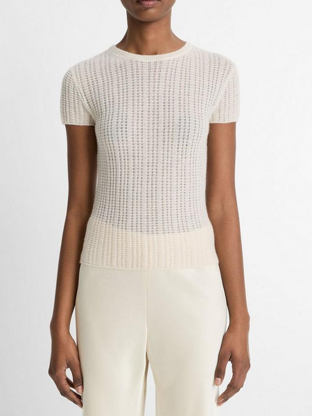 VINCE Waffle-Knit Cashmere-Silk Short-Sleeve Sweater - White Sand