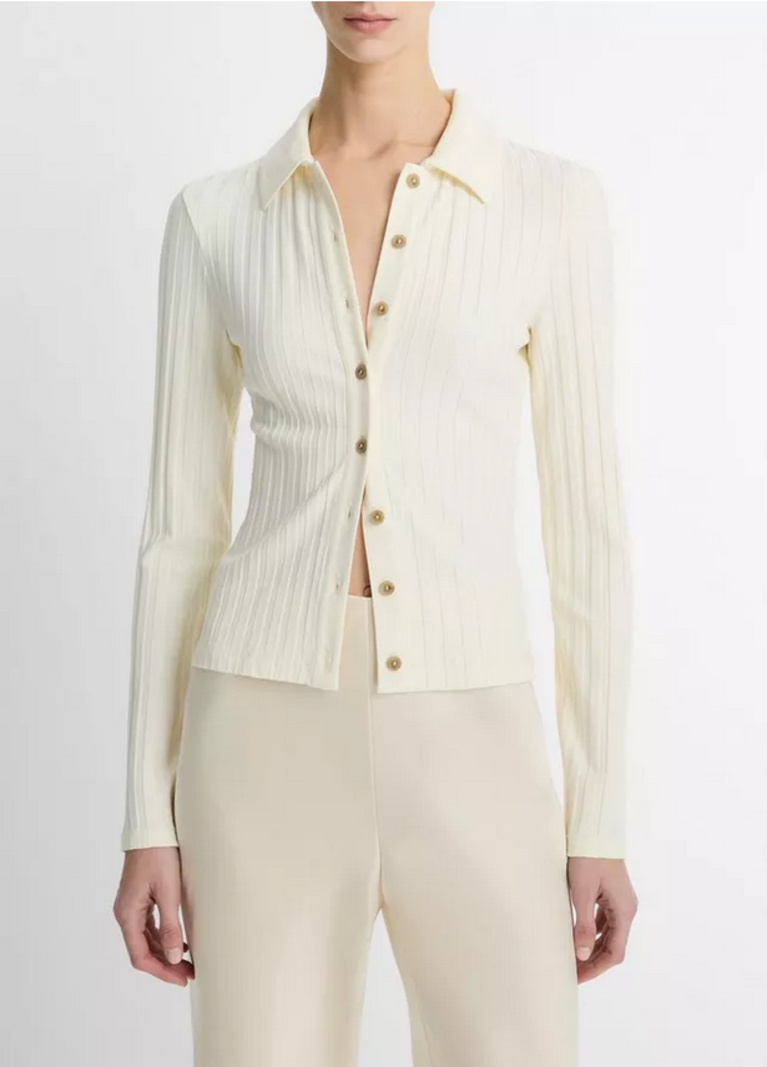 VINCE Ribbed Collar Button Up - Vanille