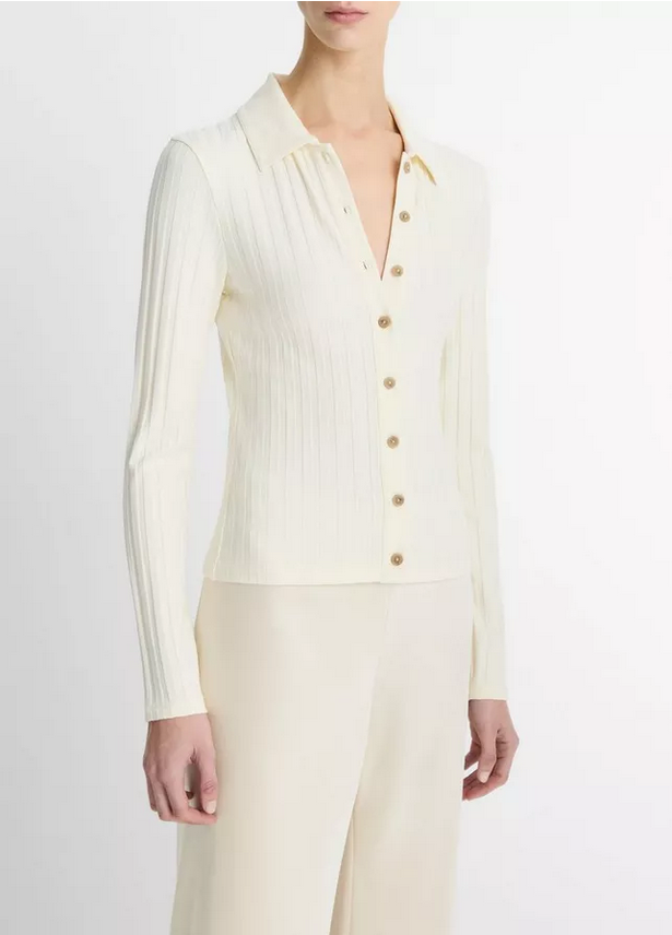 VINCE Ribbed Collar Button Up - Vanille