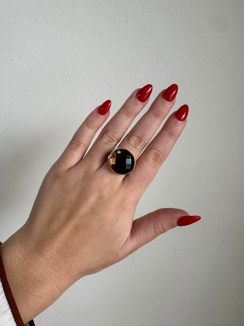 JAMIE JOSEPH Asymmetrical Checkerboard Smoky Quartz w/ Diamond Ring - Size 7.25
