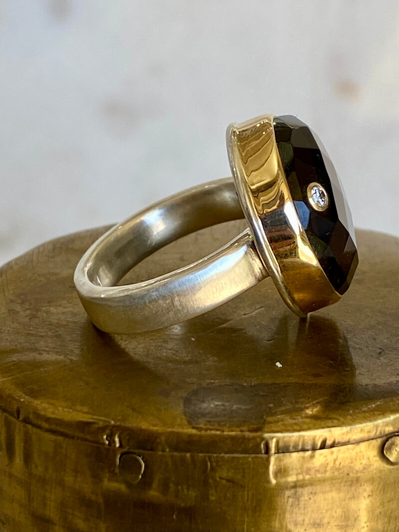 JAMIE JOSEPH Asymmetrical Checkerboard Smoky Quartz w/ Diamond Ring - Size 7.25