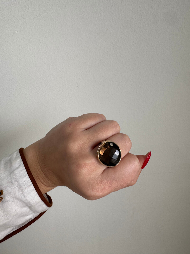 JAMIE JOSEPH Asymmetrical Checkerboard Smoky Quartz w/ Diamond Ring - Size 7.25