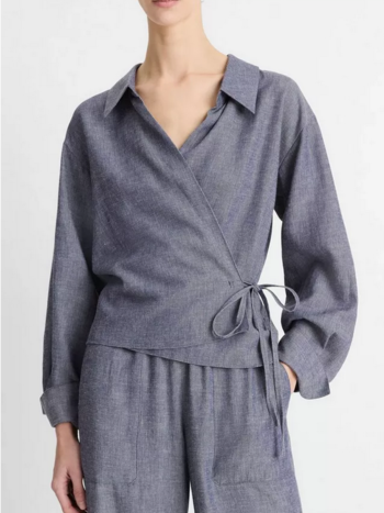 VINCE Collared Wrap Top - Mid Indigo