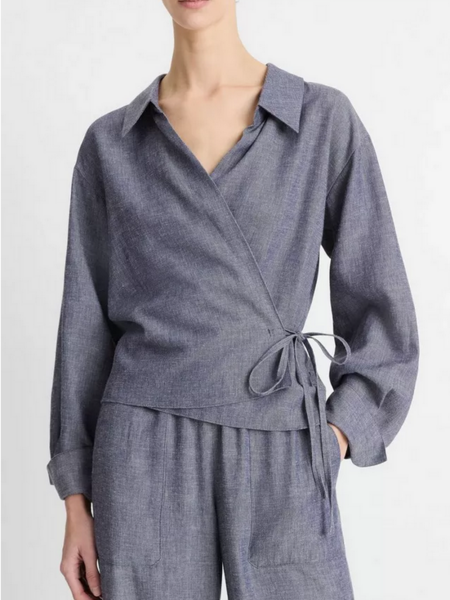 VINCE Collared Wrap Top - Mid Indigo