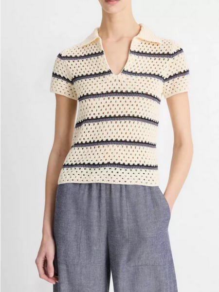 VINCE Striped Macramé Cotton Polo Sweater - Off White Combo