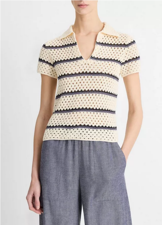 VINCE Striped Macramé Cotton Polo Sweater - Off White Combo